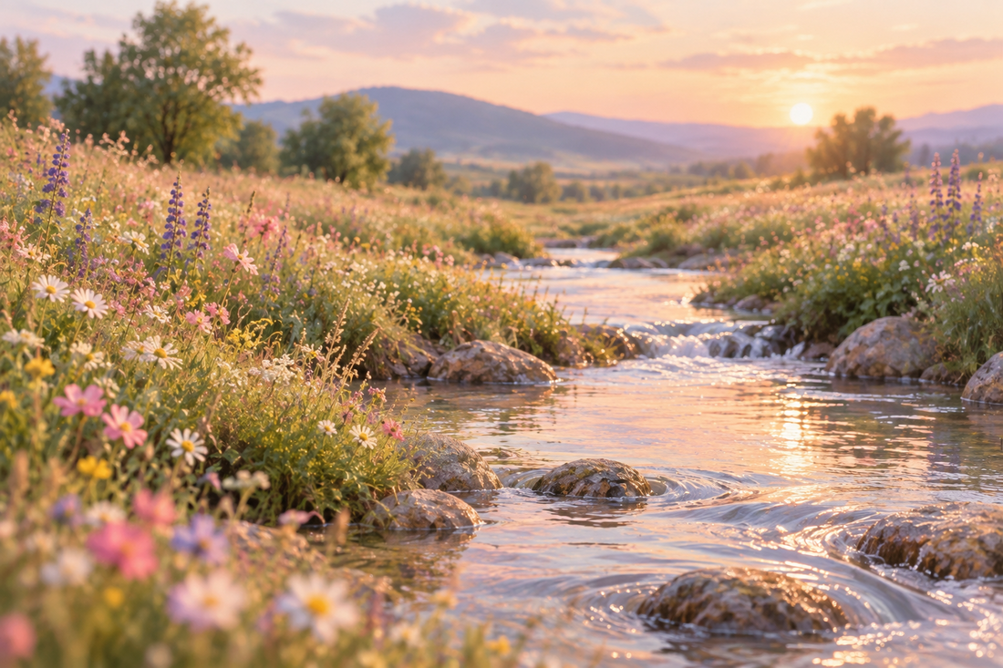 eau ruisselant dans les montagnes et fleurs de printemps