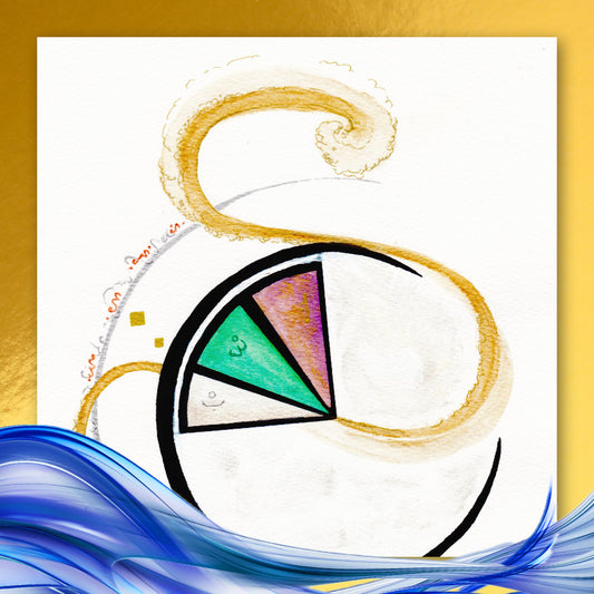 Illustration artistique d'un symbole personnel : spirale dorée, cercle noir, triangles vert et rose, vague bleue